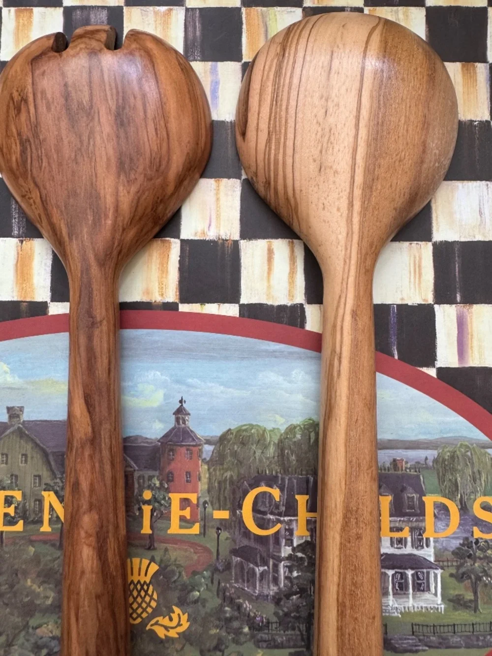 Brand New Mackenzie Childs Courtly Check Salad Servers Wood & Stainless Sweet